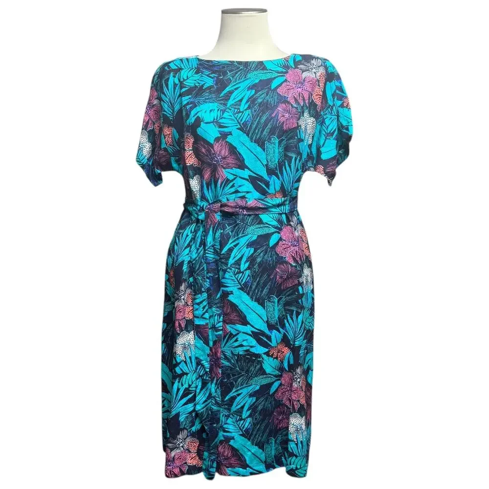 Ann Taylor Loft Linen Tropical Midi Dress Blue Green Pink Purple Small Petite